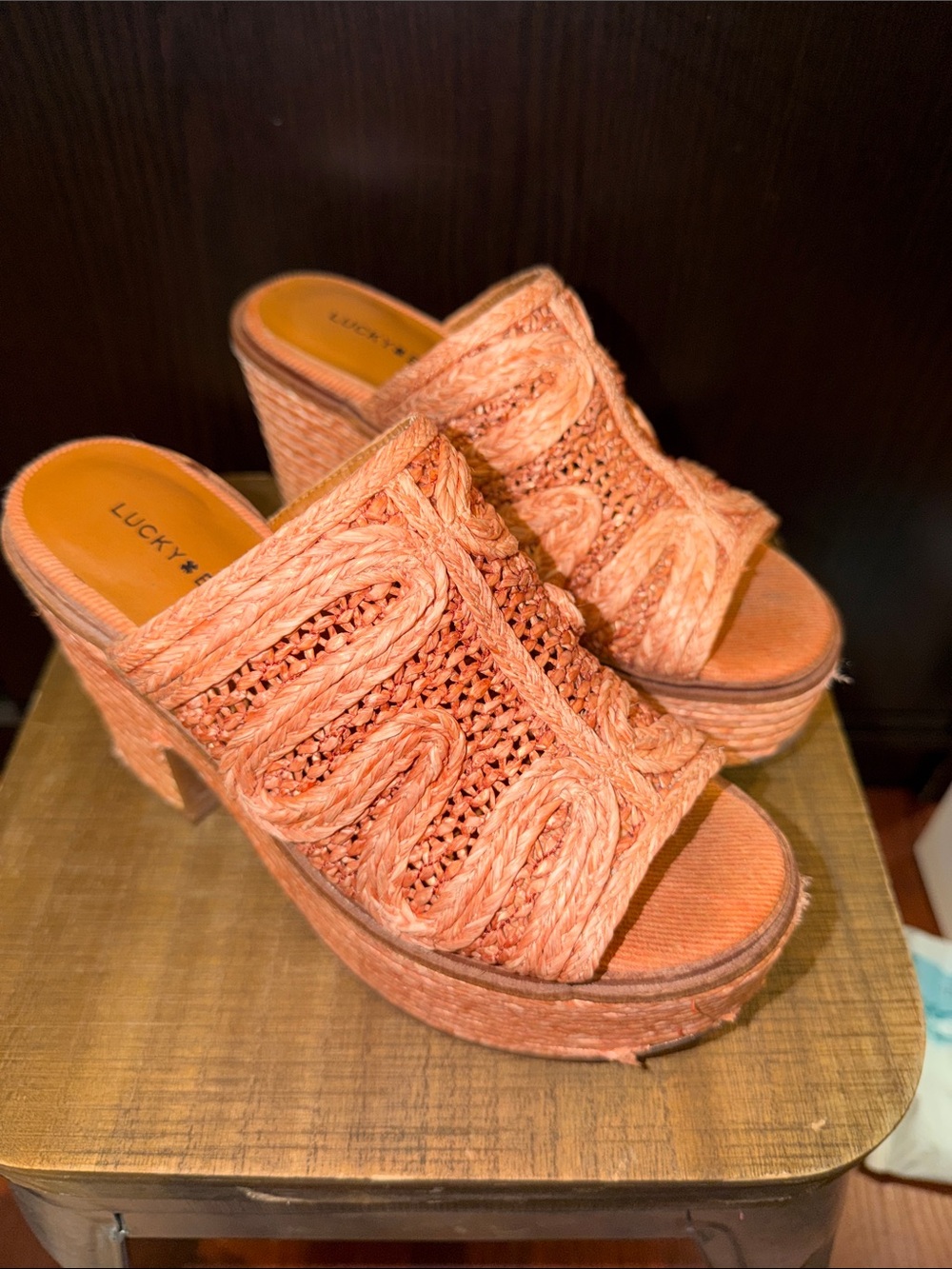 Lucky Brand Coral Orange Woven Platform Mules